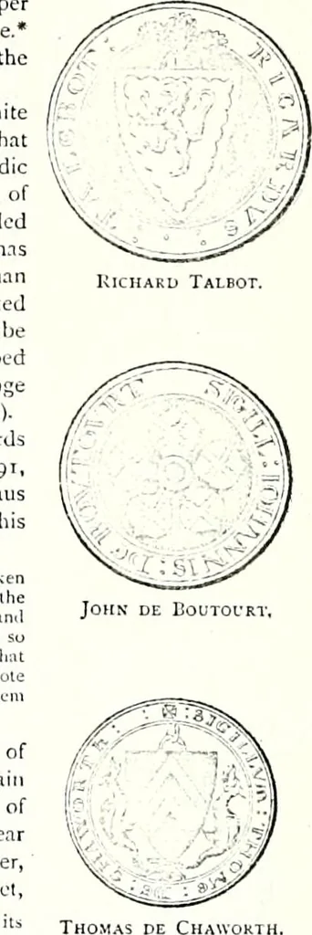 An illustration from Some feudal coats of arms and others, illustrated with 2,000 zinco etchings from the Bayear tapestry, Greek vases, seals, tiles, effigies, brasses and heralcic rolls. Some chart pedigrees, 1902, leaf 42