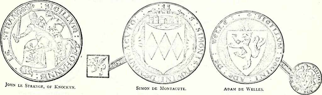 An illustration from Some feudal coats of arms and others, illustrated with 2,000 zinco etchings from the Bayear tapestry, Greek vases, seals, tiles, effigies, brasses and heralcic rolls. Some chart pedigrees, 1902, leaf 42