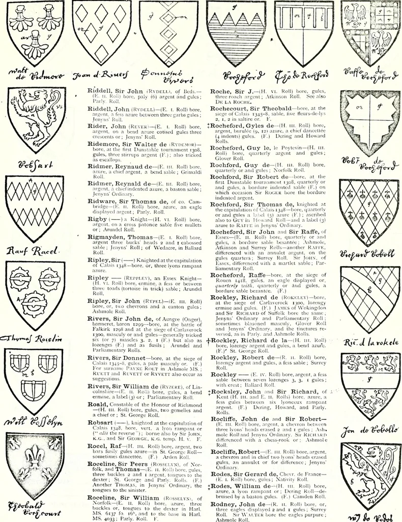 An illustration from Some feudal coats of arms and others, illustrated with 2,000 zinco etchings from the Bayear tapestry, Greek vases, seals, tiles, effigies, brasses and heralcic rolls. Some chart pedigrees, 1902, leaf 420