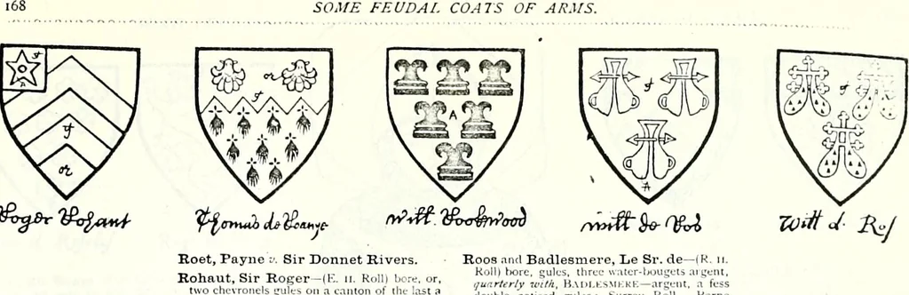 An illustration from Some feudal coats of arms and others, illustrated with 2,000 zinco etchings from the Bayear tapestry, Greek vases, seals, tiles, effigies, brasses and heralcic rolls. Some chart pedigrees, 1902, leaf 422