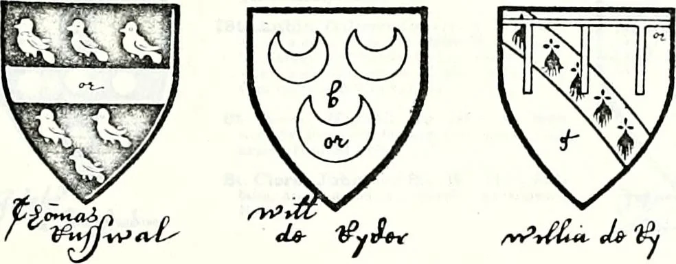 An illustration from Some feudal coats of arms and others, illustrated with 2,000 zinco etchings from the Bayear tapestry, Greek vases, seals, tiles, effigies, brasses and heralcic rolls. Some chart pedigrees, 1902, leaf 424