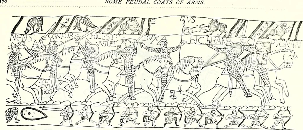 An illustration from Some feudal coats of arms and others, illustrated with 2,000 zinco etchings from the Bayear tapestry, Greek vases, seals, tiles, effigies, brasses and heralcic rolls. Some chart pedigrees, 1902, leaf 426