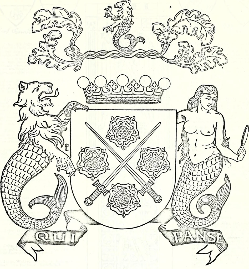 An illustration from Some feudal coats of arms and others, illustrated with 2,000 zinco etchings from the Bayear tapestry, Greek vases, seals, tiles, effigies, brasses and heralcic rolls. Some chart pedigrees, 1902, leaf 428