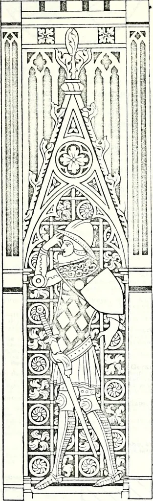 An illustration from Some feudal coats of arms and others, illustrated with 2,000 zinco etchings from the Bayear tapestry, Greek vases, seals, tiles, effigies, brasses and heralcic rolls. Some chart pedigrees, 1902, leaf 430