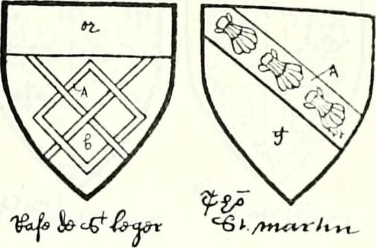 An illustration from Some feudal coats of arms and others, illustrated with 2,000 zinco etchings from the Bayear tapestry, Greek vases, seals, tiles, effigies, brasses and heralcic rolls. Some chart pedigrees, 1902, leaf 430