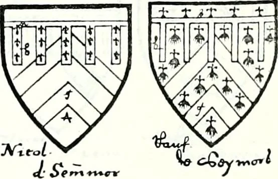 An illustration from Some feudal coats of arms and others, illustrated with 2,000 zinco etchings from the Bayear tapestry, Greek vases, seals, tiles, effigies, brasses and heralcic rolls. Some chart pedigrees, 1902, leaf 430