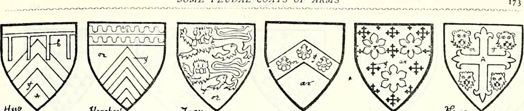 An illustration from Some feudal coats of arms and others, illustrated with 2,000 zinco etchings from the Bayear tapestry, Greek vases, seals, tiles, effigies, brasses and heralcic rolls. Some chart pedigrees, 1902, leaf 432