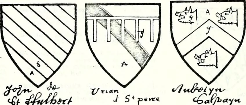An illustration from Some feudal coats of arms and others, illustrated with 2,000 zinco etchings from the Bayear tapestry, Greek vases, seals, tiles, effigies, brasses and heralcic rolls. Some chart pedigrees, 1902, leaf 432