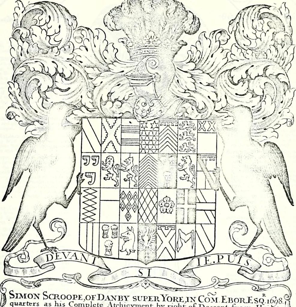 An illustration from Some feudal coats of arms and others, illustrated with 2,000 zinco etchings from the Bayear tapestry, Greek vases, seals, tiles, effigies, brasses and heralcic rolls. Some chart pedigrees, 1902, leaf 436