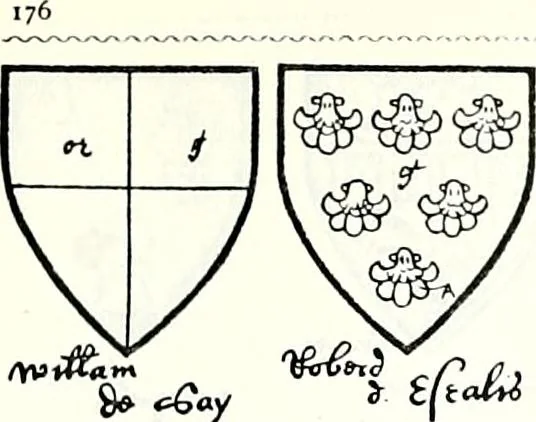 An illustration from Some feudal coats of arms and others, illustrated with 2,000 zinco etchings from the Bayear tapestry, Greek vases, seals, tiles, effigies, brasses and heralcic rolls. Some chart pedigrees, 1902, leaf 438