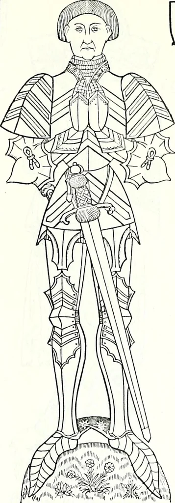 An illustration from Some feudal coats of arms and others, illustrated with 2,000 zinco etchings from the Bayear tapestry, Greek vases, seals, tiles, effigies, brasses and heralcic rolls. Some chart pedigrees, 1902, leaf 438