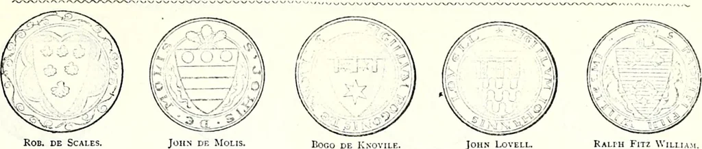 An illustration from Some feudal coats of arms and others, illustrated with 2,000 zinco etchings from the Bayear tapestry, Greek vases, seals, tiles, effigies, brasses and heralcic rolls. Some chart pedigrees, 1902, leaf 44
