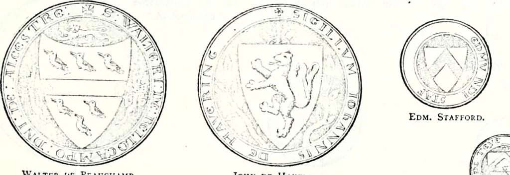 An illustration from Some feudal coats of arms and others, illustrated with 2,000 zinco etchings from the Bayear tapestry, Greek vases, seals, tiles, effigies, brasses and heralcic rolls. Some chart pedigrees, 1902, leaf 44