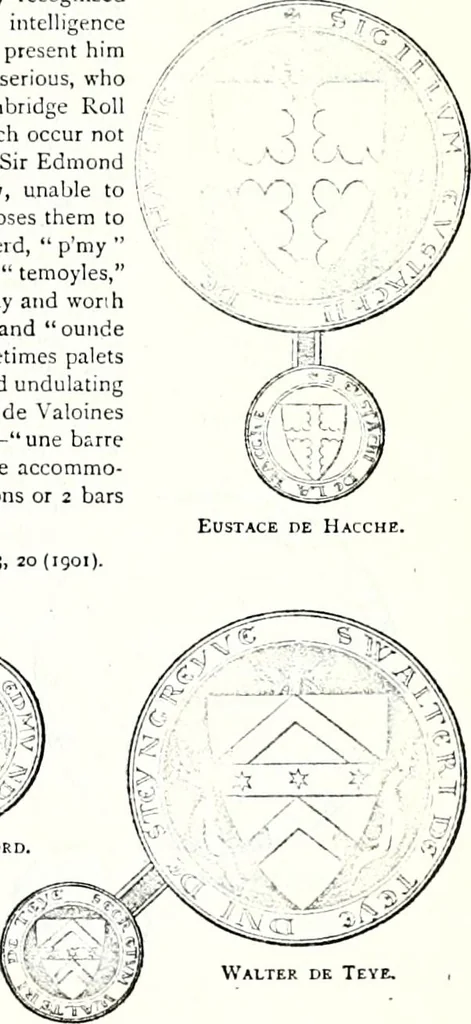 An illustration from Some feudal coats of arms and others, illustrated with 2,000 zinco etchings from the Bayear tapestry, Greek vases, seals, tiles, effigies, brasses and heralcic rolls. Some chart pedigrees, 1902, leaf 44