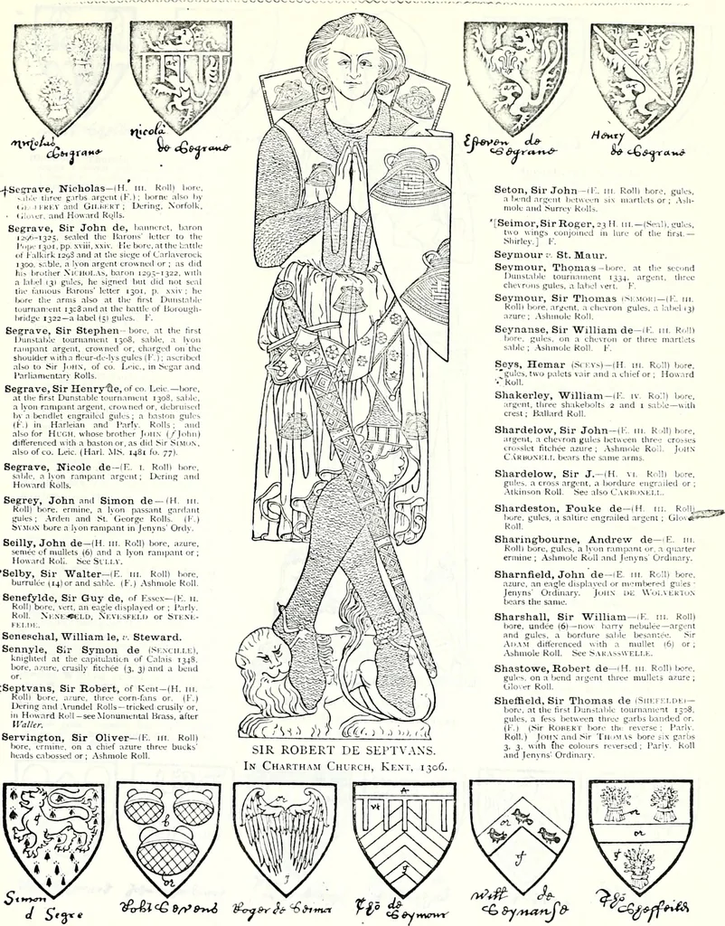 An illustration from Some feudal coats of arms and others, illustrated with 2,000 zinco etchings from the Bayear tapestry, Greek vases, seals, tiles, effigies, brasses and heralcic rolls. Some chart pedigrees, 1902, leaf 440