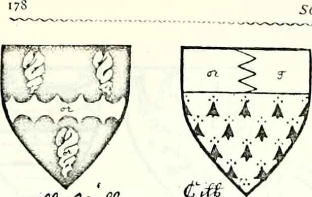 An illustration from Some feudal coats of arms and others, illustrated with 2,000 zinco etchings from the Bayear tapestry, Greek vases, seals, tiles, effigies, brasses and heralcic rolls. Some chart pedigrees, 1902, leaf 442