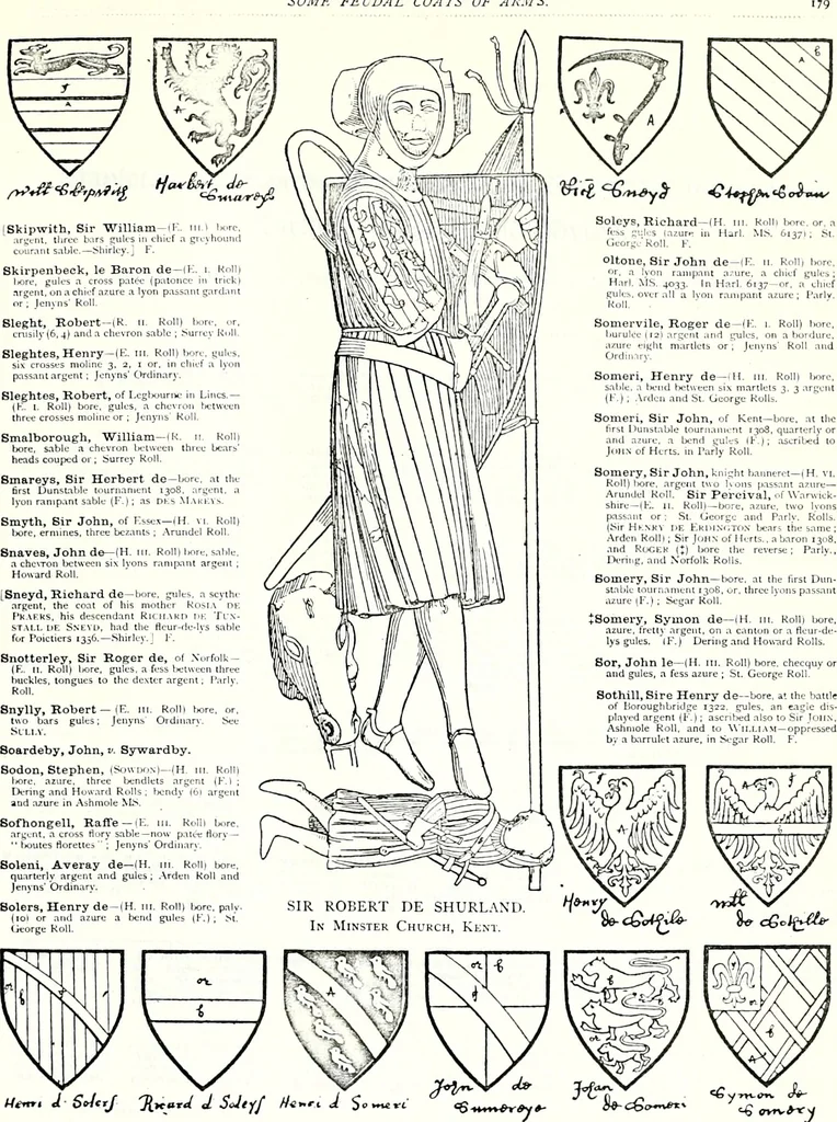 An illustration from Some feudal coats of arms and others, illustrated with 2,000 zinco etchings from the Bayear tapestry, Greek vases, seals, tiles, effigies, brasses and heralcic rolls. Some chart pedigrees, 1902, leaf 444