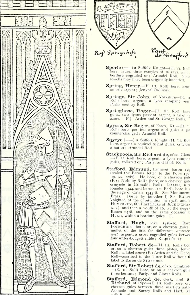 An illustration from Some feudal coats of arms and others, illustrated with 2,000 zinco etchings from the Bayear tapestry, Greek vases, seals, tiles, effigies, brasses and heralcic rolls. Some chart pedigrees, 1902, leaf 450