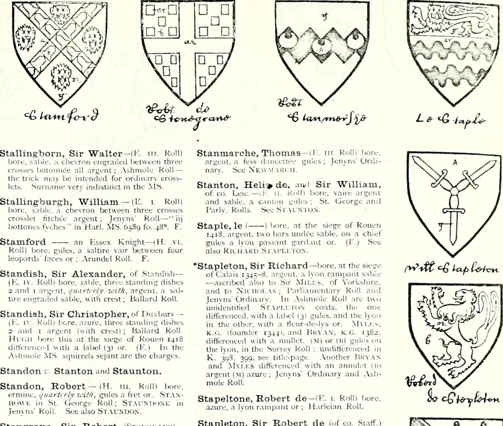 An illustration from Some feudal coats of arms and others, illustrated with 2,000 zinco etchings from the Bayear tapestry, Greek vases, seals, tiles, effigies, brasses and heralcic rolls. Some chart pedigrees, 1902, leaf 454
