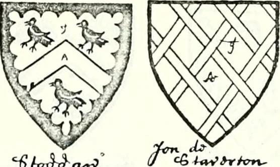 An illustration from Some feudal coats of arms and others, illustrated with 2,000 zinco etchings from the Bayear tapestry, Greek vases, seals, tiles, effigies, brasses and heralcic rolls. Some chart pedigrees, 1902, leaf 456