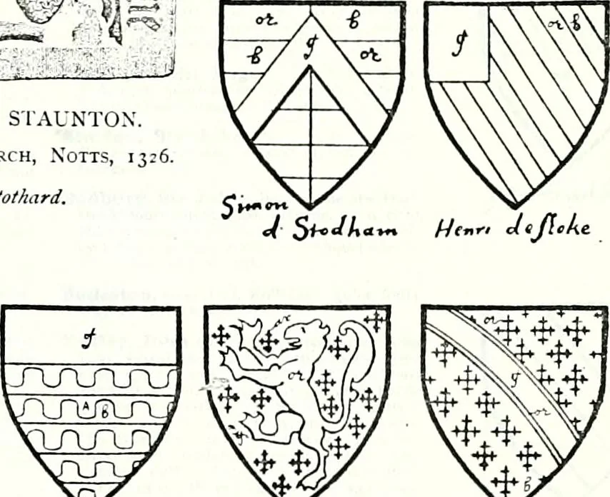 An illustration from Some feudal coats of arms and others, illustrated with 2,000 zinco etchings from the Bayear tapestry, Greek vases, seals, tiles, effigies, brasses and heralcic rolls. Some chart pedigrees, 1902, leaf 456
