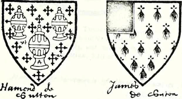 An illustration from Some feudal coats of arms and others, illustrated with 2,000 zinco etchings from the Bayear tapestry, Greek vases, seals, tiles, effigies, brasses and heralcic rolls. Some chart pedigrees, 1902, leaf 460