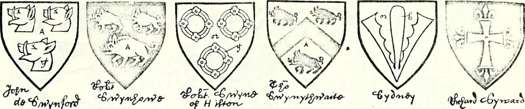 An illustration from Some feudal coats of arms and others, illustrated with 2,000 zinco etchings from the Bayear tapestry, Greek vases, seals, tiles, effigies, brasses and heralcic rolls. Some chart pedigrees, 1902, leaf 462