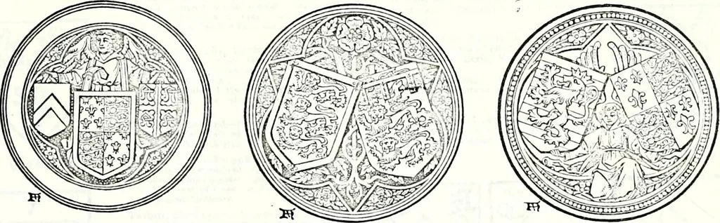 An illustration from Some feudal coats of arms and others, illustrated with 2,000 zinco etchings from the Bayear tapestry, Greek vases, seals, tiles, effigies, brasses and heralcic rolls. Some chart pedigrees, 1902, leaf 462