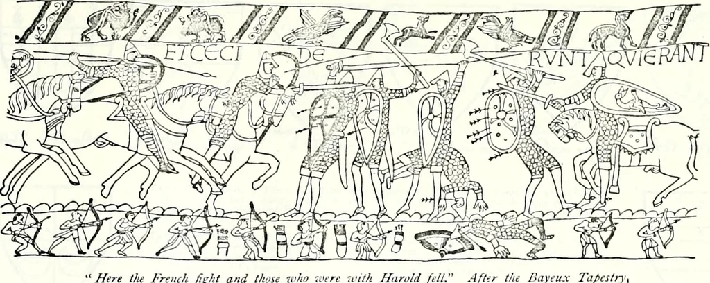 An illustration from Some feudal coats of arms and others, illustrated with 2,000 zinco etchings from the Bayear tapestry, Greek vases, seals, tiles, effigies, brasses and heralcic rolls. Some chart pedigrees, 1902, leaf 464