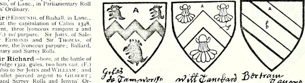 An illustration from Some feudal coats of arms and others, illustrated with 2,000 zinco etchings from the Bayear tapestry, Greek vases, seals, tiles, effigies, brasses and heralcic rolls. Some chart pedigrees, 1902, leaf 464
