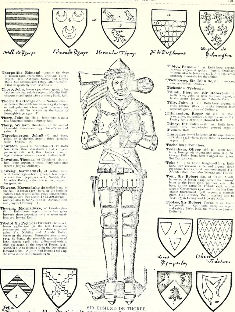 An illustration from Some feudal coats of arms and others, illustrated with 2,000 zinco etchings from the Bayear tapestry, Greek vases, seals, tiles, effigies, brasses and heralcic rolls. Some chart pedigrees, 1902, leaf 468