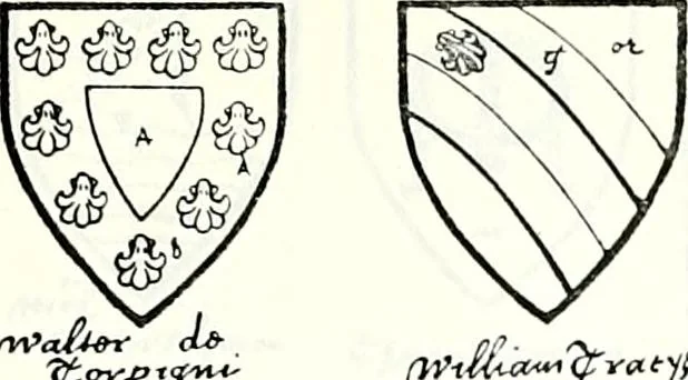 An illustration from Some feudal coats of arms and others, illustrated with 2,000 zinco etchings from the Bayear tapestry, Greek vases, seals, tiles, effigies, brasses and heralcic rolls. Some chart pedigrees, 1902, leaf 470