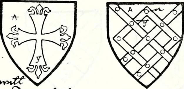 An illustration from Some feudal coats of arms and others, illustrated with 2,000 zinco etchings from the Bayear tapestry, Greek vases, seals, tiles, effigies, brasses and heralcic rolls. Some chart pedigrees, 1902, leaf 472