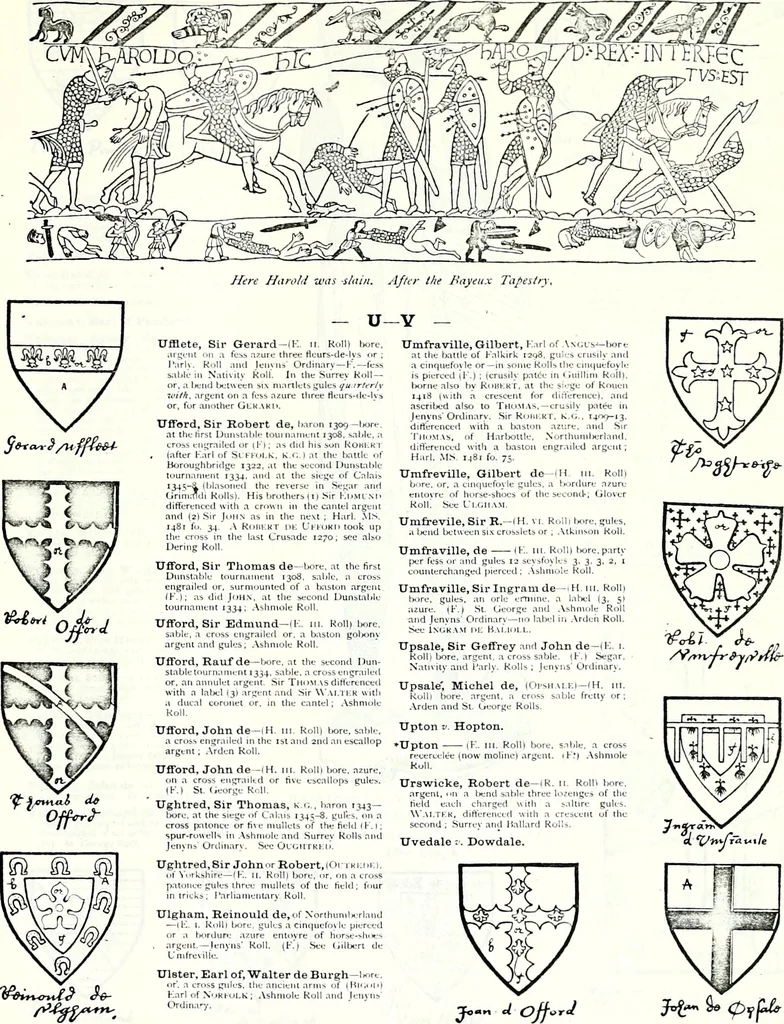 An illustration from Some feudal coats of arms and others, illustrated with 2,000 zinco etchings from the Bayear tapestry, Greek vases, seals, tiles, effigies, brasses and heralcic rolls. Some chart pedigrees, 1902, leaf 476