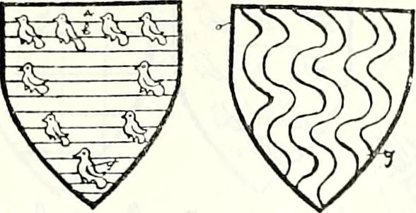 An illustration from Some feudal coats of arms and others, illustrated with 2,000 zinco etchings from the Bayear tapestry, Greek vases, seals, tiles, effigies, brasses and heralcic rolls. Some chart pedigrees, 1902, leaf 478