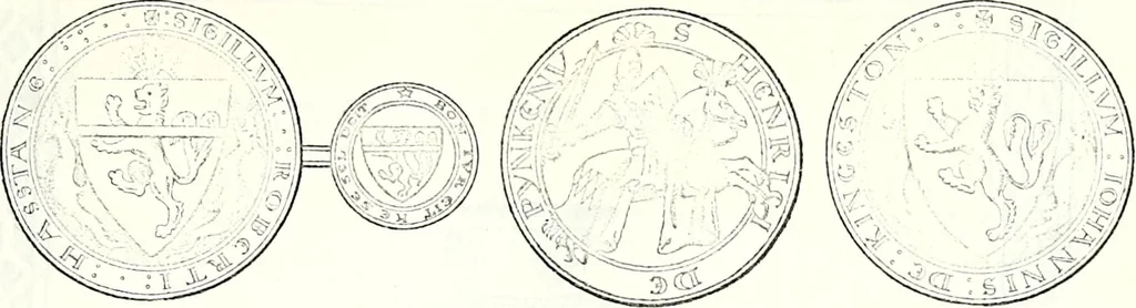 An illustration from Some feudal coats of arms and others, illustrated with 2,000 zinco etchings from the Bayear tapestry, Greek vases, seals, tiles, effigies, brasses and heralcic rolls. Some chart pedigrees, 1902, leaf 48