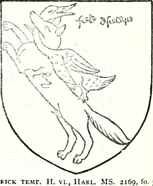 An illustration from Some feudal coats of arms and others, illustrated with 2,000 zinco etchings from the Bayear tapestry, Greek vases, seals, tiles, effigies, brasses and heralcic rolls. Some chart pedigrees, 1902, leaf 48