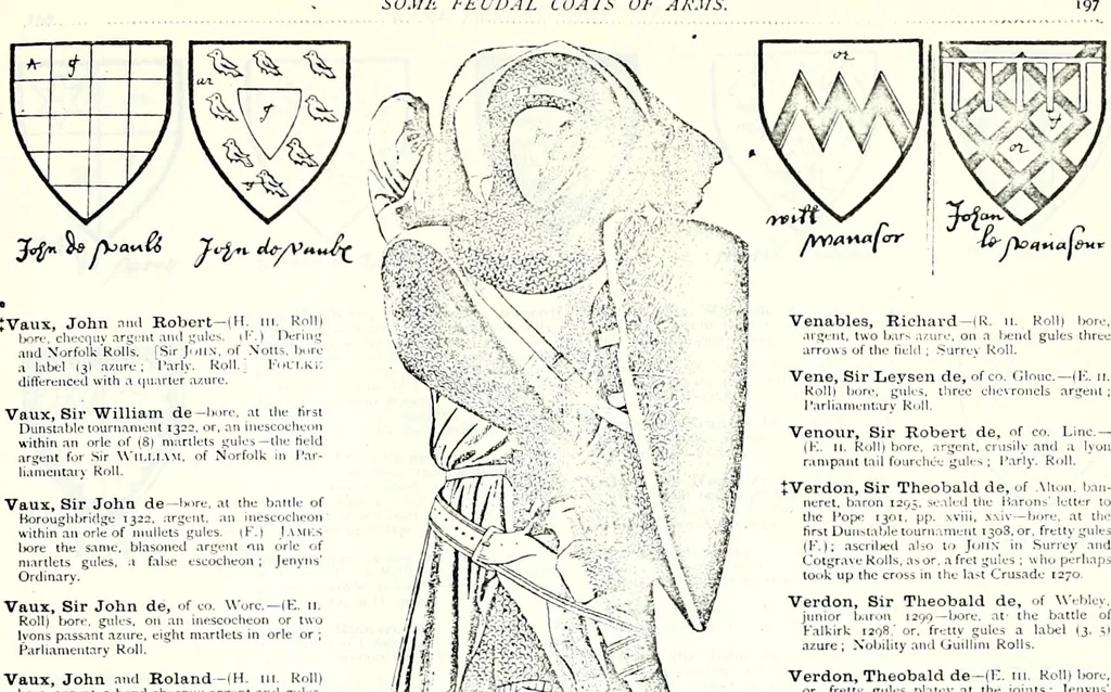 An illustration from Some feudal coats of arms and others, illustrated with 2,000 zinco etchings from the Bayear tapestry, Greek vases, seals, tiles, effigies, brasses and heralcic rolls. Some chart pedigrees, 1902, leaf 480