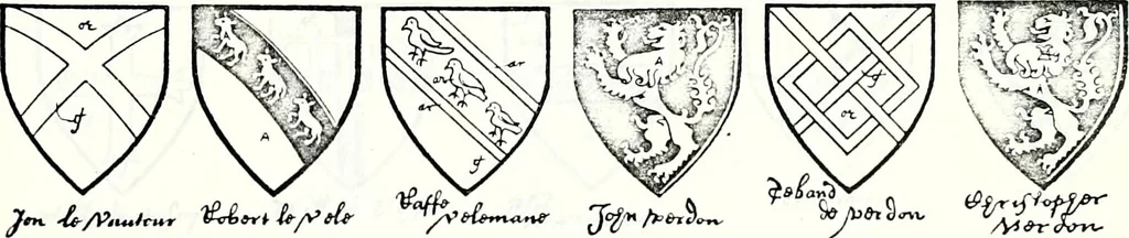 An illustration from Some feudal coats of arms and others, illustrated with 2,000 zinco etchings from the Bayear tapestry, Greek vases, seals, tiles, effigies, brasses and heralcic rolls. Some chart pedigrees, 1902, leaf 480