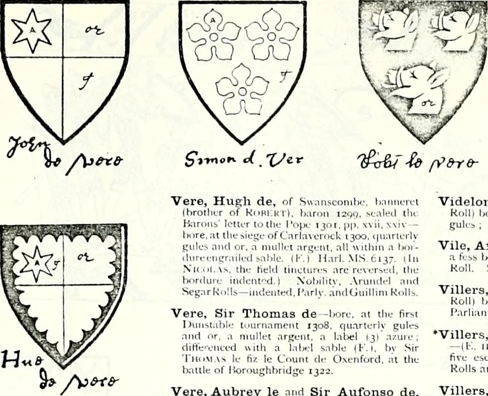 An illustration from Some feudal coats of arms and others, illustrated with 2,000 zinco etchings from the Bayear tapestry, Greek vases, seals, tiles, effigies, brasses and heralcic rolls. Some chart pedigrees, 1902, leaf 482