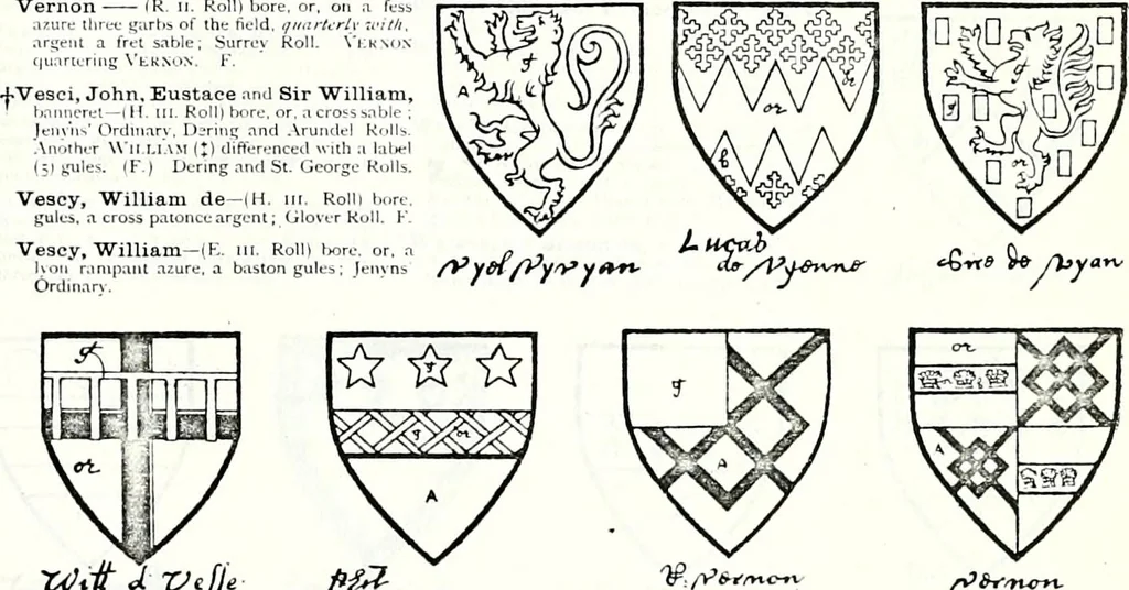 An illustration from Some feudal coats of arms and others, illustrated with 2,000 zinco etchings from the Bayear tapestry, Greek vases, seals, tiles, effigies, brasses and heralcic rolls. Some chart pedigrees, 1902, leaf 482