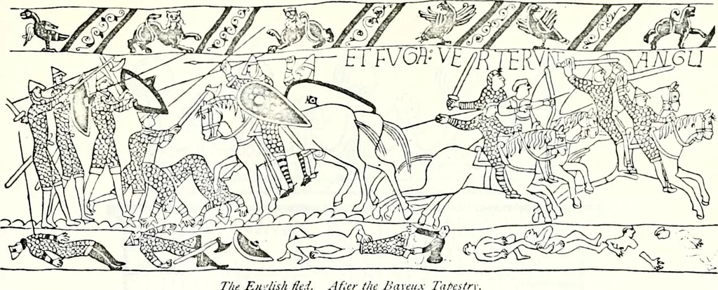 An illustration from Some feudal coats of arms and others, illustrated with 2,000 zinco etchings from the Bayear tapestry, Greek vases, seals, tiles, effigies, brasses and heralcic rolls. Some chart pedigrees, 1902, leaf 484