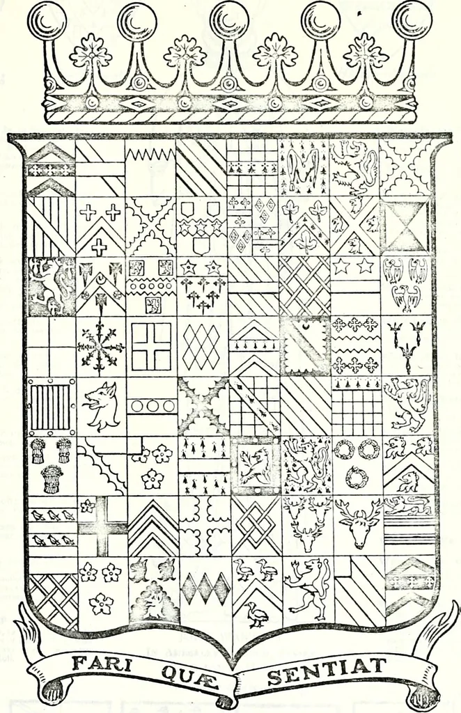 An illustration from Some feudal coats of arms and others, illustrated with 2,000 zinco etchings from the Bayear tapestry, Greek vases, seals, tiles, effigies, brasses and heralcic rolls. Some chart pedigrees, 1902, leaf 486