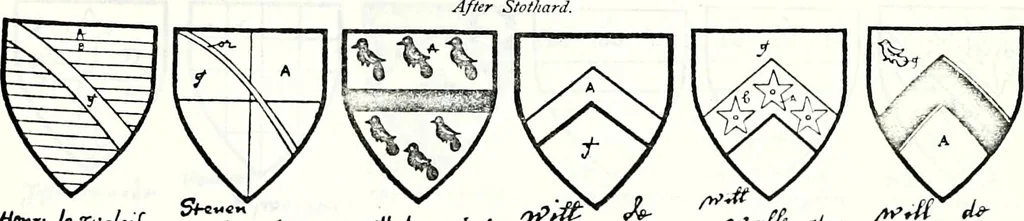 An illustration from Some feudal coats of arms and others, illustrated with 2,000 zinco etchings from the Bayear tapestry, Greek vases, seals, tiles, effigies, brasses and heralcic rolls. Some chart pedigrees, 1902, leaf 488