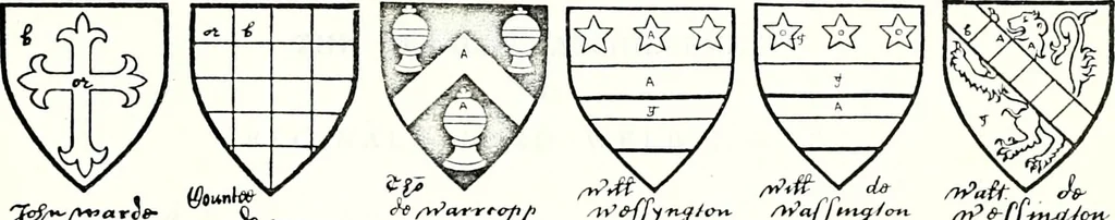 An illustration from Some feudal coats of arms and others, illustrated with 2,000 zinco etchings from the Bayear tapestry, Greek vases, seals, tiles, effigies, brasses and heralcic rolls. Some chart pedigrees, 1902, leaf 490
