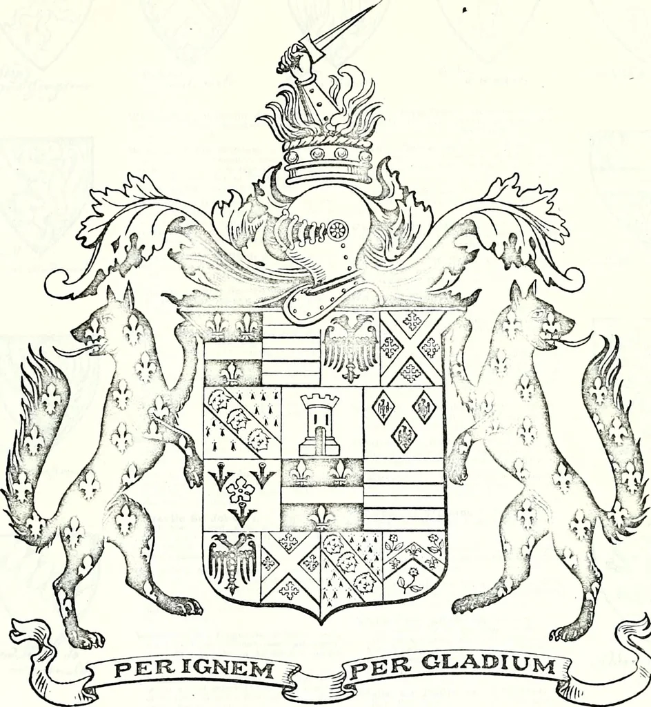 An illustration from Some feudal coats of arms and others, illustrated with 2,000 zinco etchings from the Bayear tapestry, Greek vases, seals, tiles, effigies, brasses and heralcic rolls. Some chart pedigrees, 1902, leaf 492