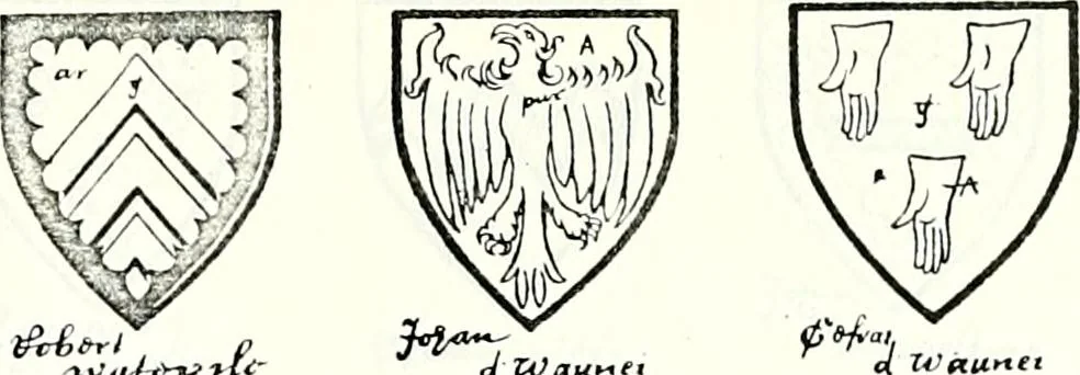 An illustration from Some feudal coats of arms and others, illustrated with 2,000 zinco etchings from the Bayear tapestry, Greek vases, seals, tiles, effigies, brasses and heralcic rolls. Some chart pedigrees, 1902, leaf 494