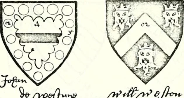 An illustration from Some feudal coats of arms and others, illustrated with 2,000 zinco etchings from the Bayear tapestry, Greek vases, seals, tiles, effigies, brasses and heralcic rolls. Some chart pedigrees, 1902, leaf 496