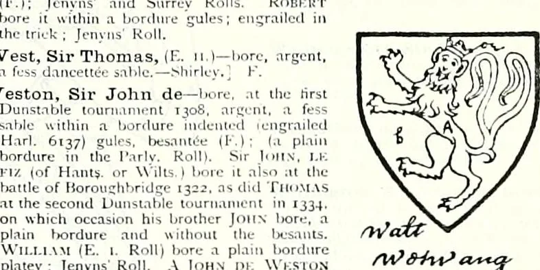 An illustration from Some feudal coats of arms and others, illustrated with 2,000 zinco etchings from the Bayear tapestry, Greek vases, seals, tiles, effigies, brasses and heralcic rolls. Some chart pedigrees, 1902, leaf 496