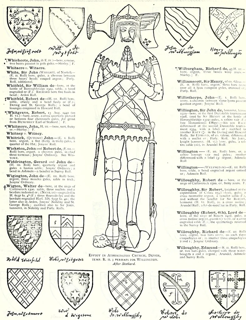 An illustration from Some feudal coats of arms and others, illustrated with 2,000 zinco etchings from the Bayear tapestry, Greek vases, seals, tiles, effigies, brasses and heralcic rolls. Some chart pedigrees, 1902, leaf 498